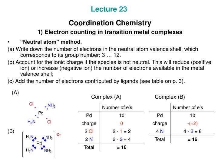 lecture 23 coordination chemistry 1 electron counting in transition metal complexes