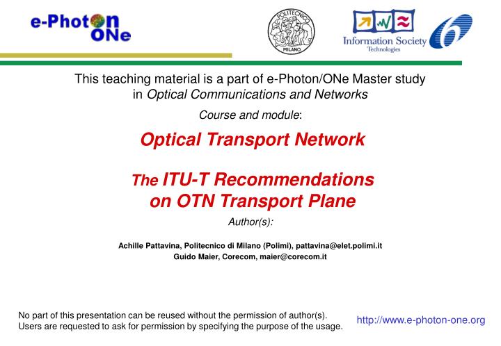 optical transport network the itu t recommendations on otn transport plane