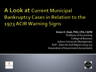 A Look at Current Municipal Bankruptcy Cases in Relation to the 1973 ACIR Warning Signs