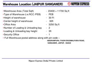 Warehouse Area (Total Sqft)		 - 23400 + 11700 Sq ft Type of Warehouse (i.e.RCC /PEB)	 - PEB