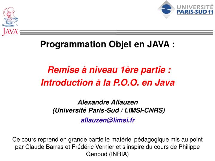 programmation objet en java remise niveau 1 re partie introduction la p o o en java