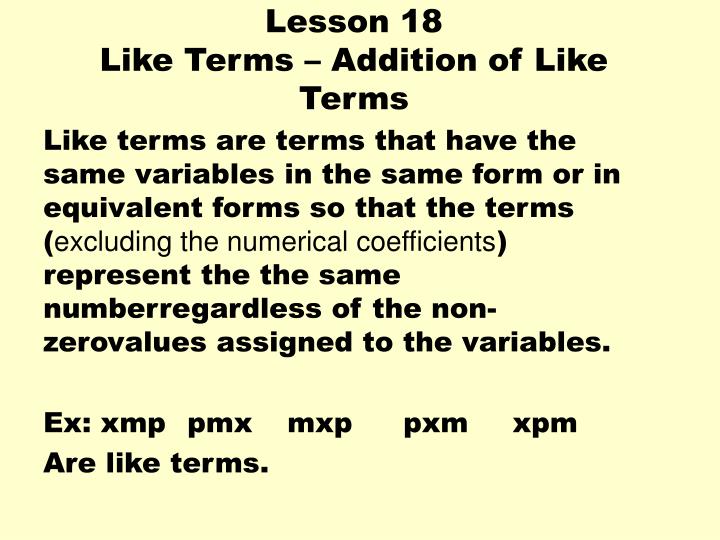 lesson 18 like terms addition of like terms