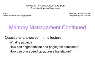 Memory Management Continued