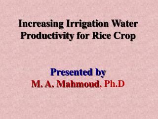 Increasing Irrigation W ater P roductivity for Rice C rop Presented by M. A. Mahmoud , Ph.D