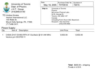 University of Toronto Dept. of Physics J.H.T. Group (416)946-0140