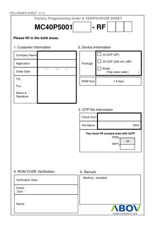 Factory Programming Order &amp; VERIFICATION SHEET