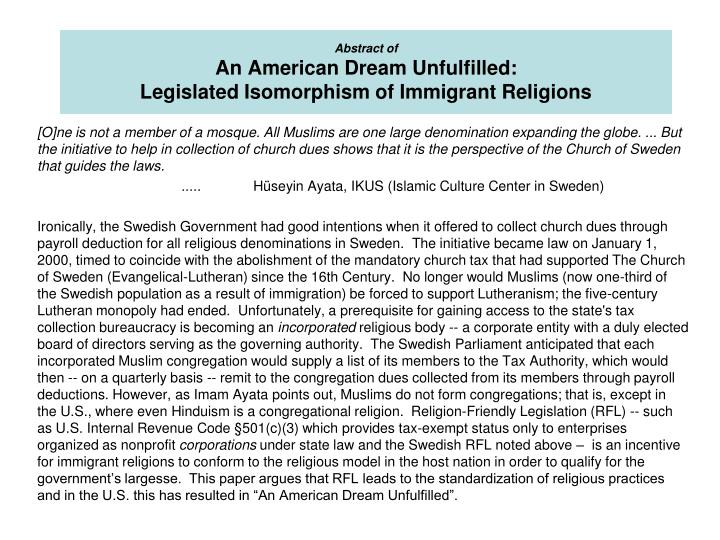 abstract of an american dream unfulfilled legislated isomorphism of immigrant religions