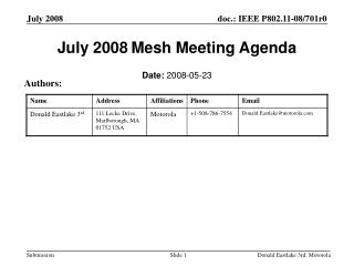 July 2008 Mesh Meeting Agenda