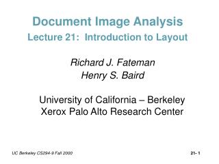 Document Image Analysis Lecture 21: Introduction to Layout
