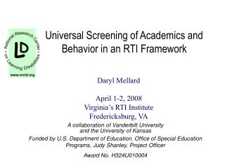 Universal Screening of Academics and Behavior in an RTI Framework