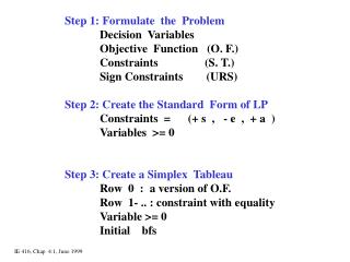 Step 1: Formulate the Problem 	Decision Variables 	Objective Function (O. F.)