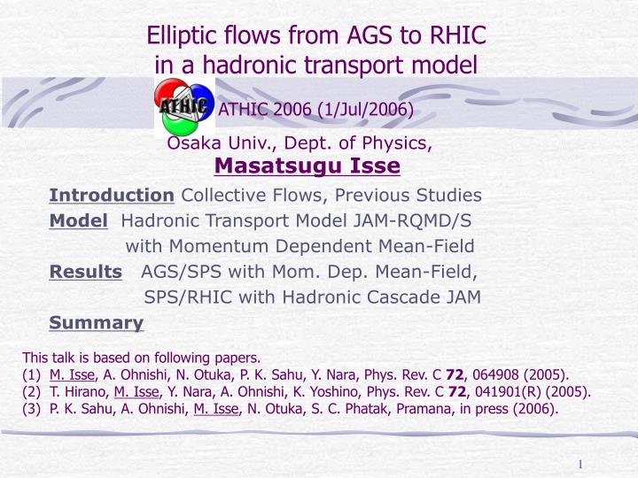 elliptic flows from ags to rhic in a hadronic transport model athic 2006 1 jul 2006