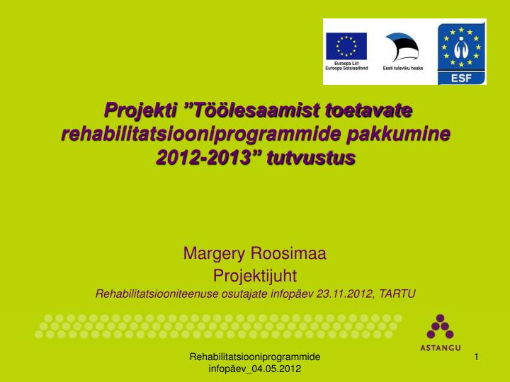 projekti t lesaamist toetavate rehabilitatsiooniprogrammide pakkumine 2012 2013 tutvustus