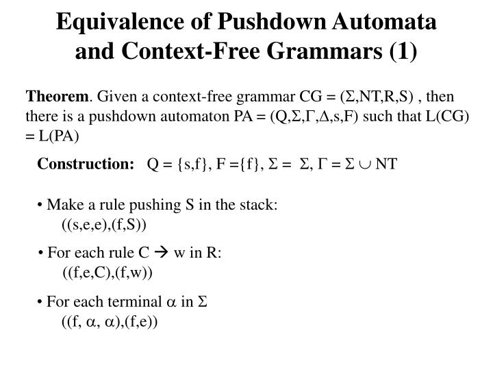 equivalence of pushdown automata and context free grammars 1
