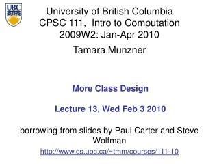 More Class Design Lecture 13, Wed Feb 3 2010