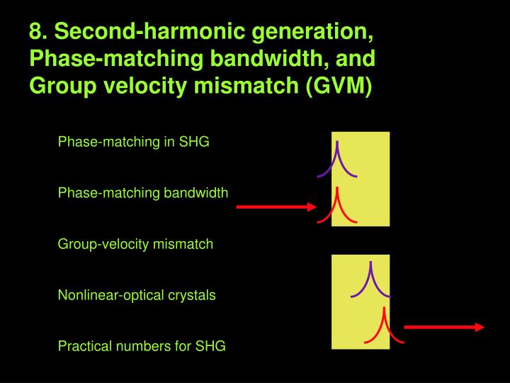 8 second harmonic generation phase matching bandwidth and group velocity mismatch gvm