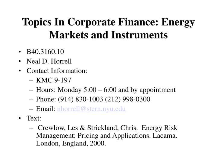 topics in corporate finance energy markets and instruments