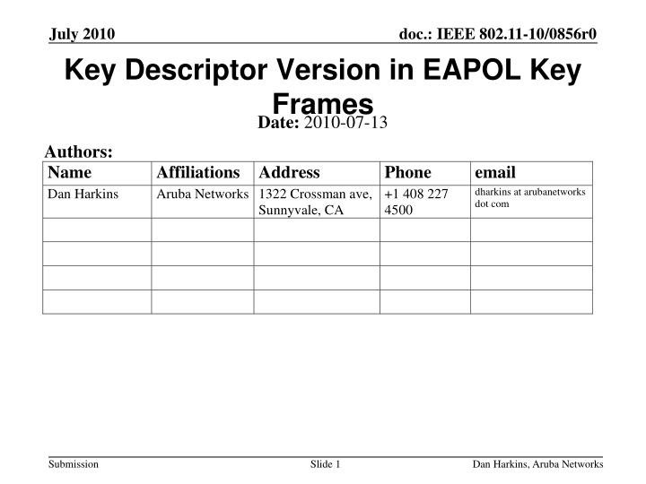 key descriptor version in eapol key frames