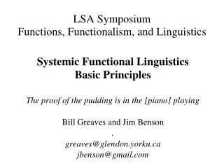 LSA Symposium Functions, Functionalism, and Linguistics