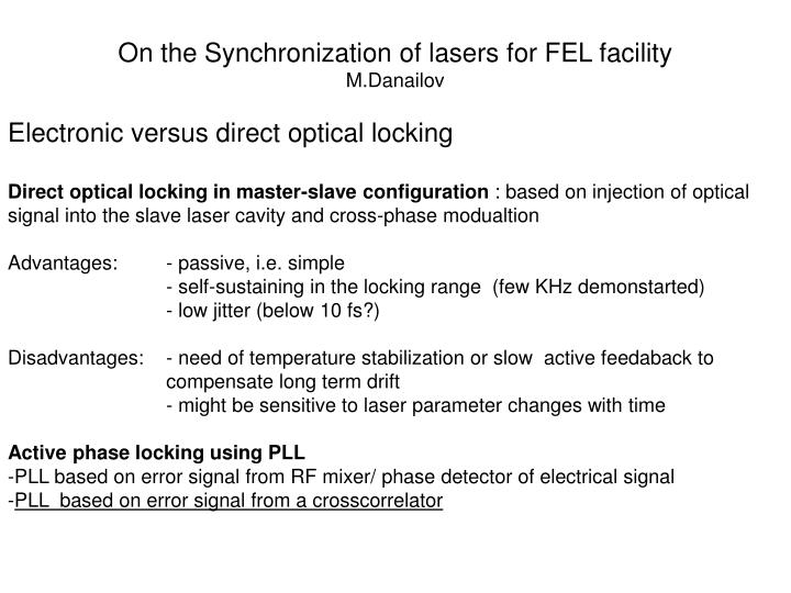 on the synchronization of lasers for fel facility m danailov