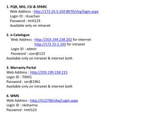 1. PQR, MIS, CSI &amp; SPARC Web Address : 172.25.5.102:8070/shq/login.aspx