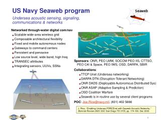 US Navy Seaweb program Undersea acoustic sensing, signaling, communications &amp; networks