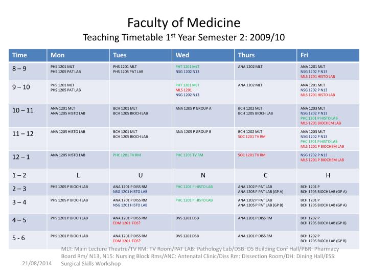 faculty of medicine teaching timetable 1 st year semester 2 2009 10
