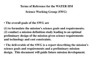 Terms of Reference for the WATER HM Science Working Group (SWG)