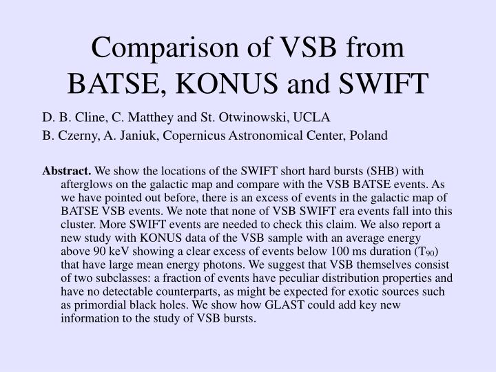 comparison of vsb from batse konus and swift