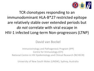 David van Bockel Immunovirology and Pathogenesis Program (IPP) Centre for Immunology (CFI)
