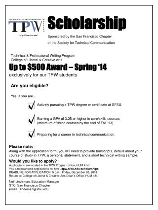 Scholarship Sponsored by the San Francisco Chapter of the Society for Technical Communication