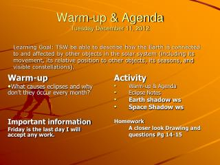 Warm-up &amp; Agenda Tuesday December 11, 2012