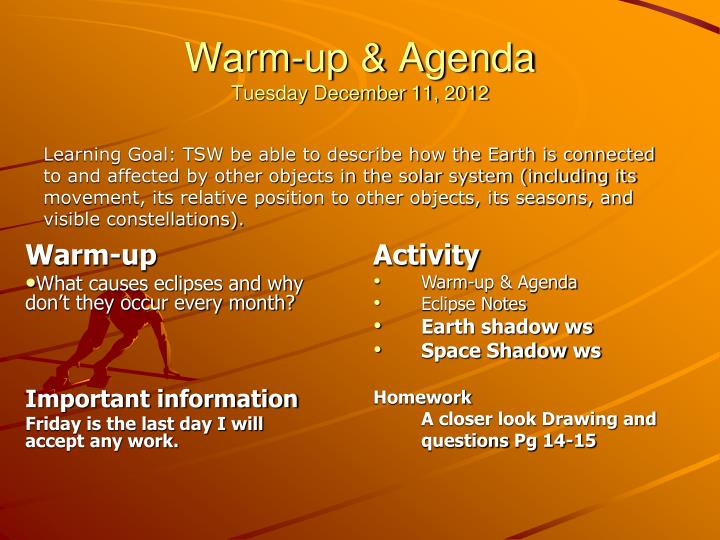 warm up agenda tuesday december 11 2012