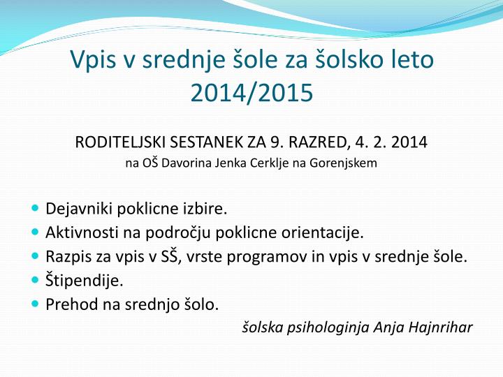 vpis v srednje ole za olsko leto 2014 2015