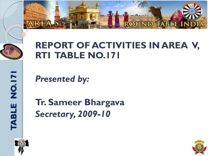 report of activities in area v rti table no 171 presented by tr sameer bhargava secretary 2009 10