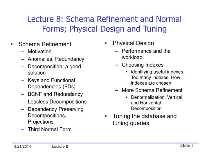 lecture 8 schema refinement and normal forms physical design and tuning
