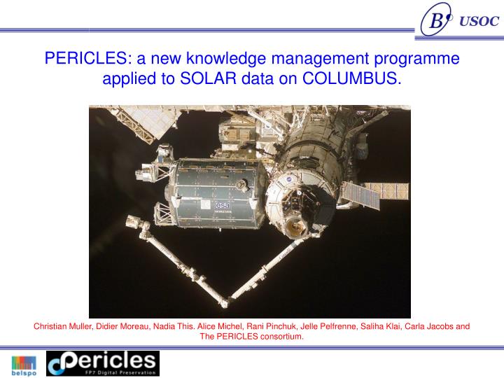 pericles a new knowledge management programme applied to solar data on columbus