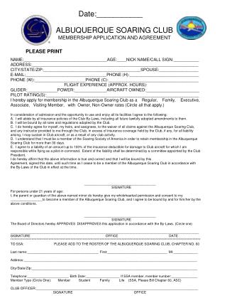 ALBUQUERQUE SOARING CLUB MEMBERSHIP APPLICATION AND AGREEMENT