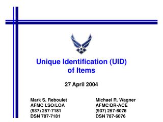 Unique Identification (UID) of Items 27 April 2004