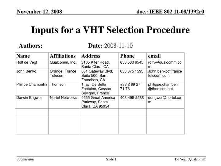 inputs for a vht selection procedure