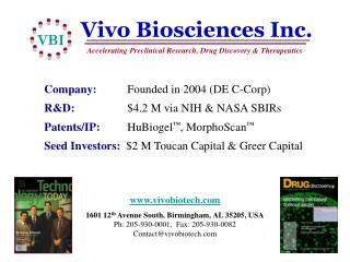 Vivo Biosciences Inc. Accelerating Preclinical Research, Drug Discovery &amp; Therapeutics