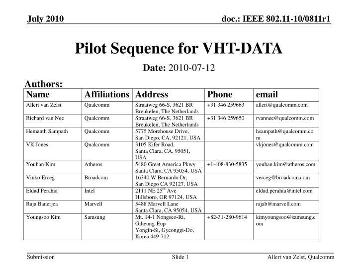pilot sequence for vht data