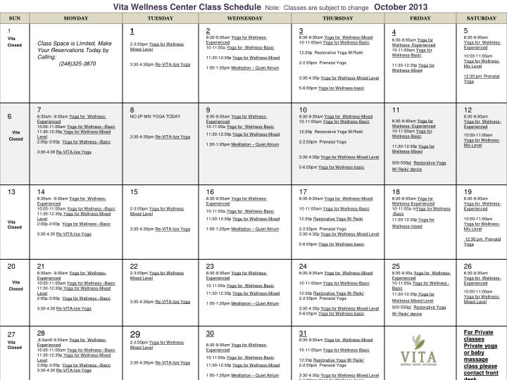 vita wellness center class schedule note classes are subject to change october 2013