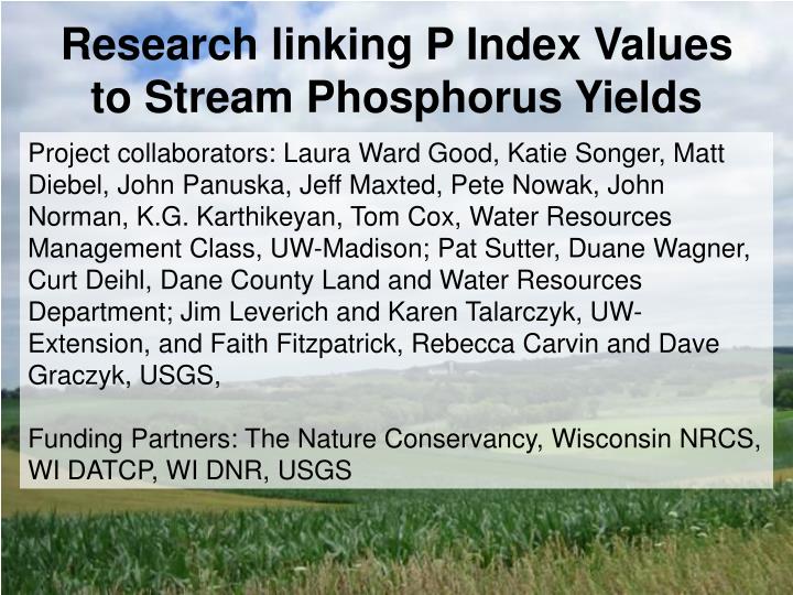 research linking p index values to stream phosphorus yields