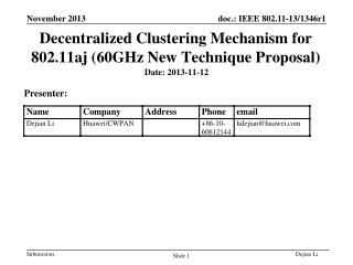 Decentralized Clustering Mechanism for 802.11aj (60GHz New Technique Proposal)