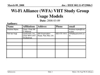 Wi-Fi Alliance (WFA) VHT Study Group Usage Models