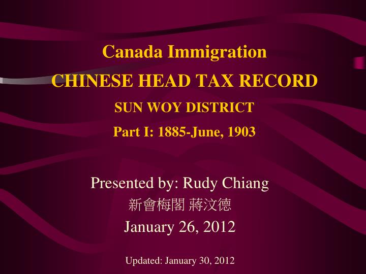 canada immigration chinese head tax record sun woy district part i 1885 june 1903