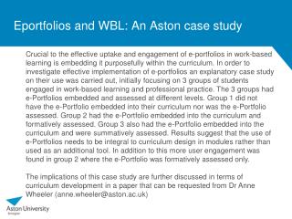 Eportfolios and WBL: An Aston case study