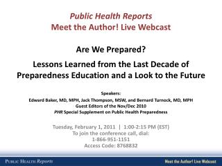 Public Health Reports Meet the Author! Live Webcast