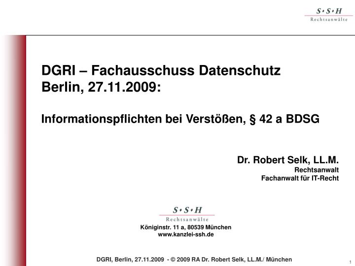 dgri fachausschuss datenschutz berlin 27 11 2009 informationspflichten bei verst en 42 a bdsg